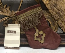 Mini XMAS Stocking Ornament of Antique Textiles by B-VIZ Burgundy w Metallic L10