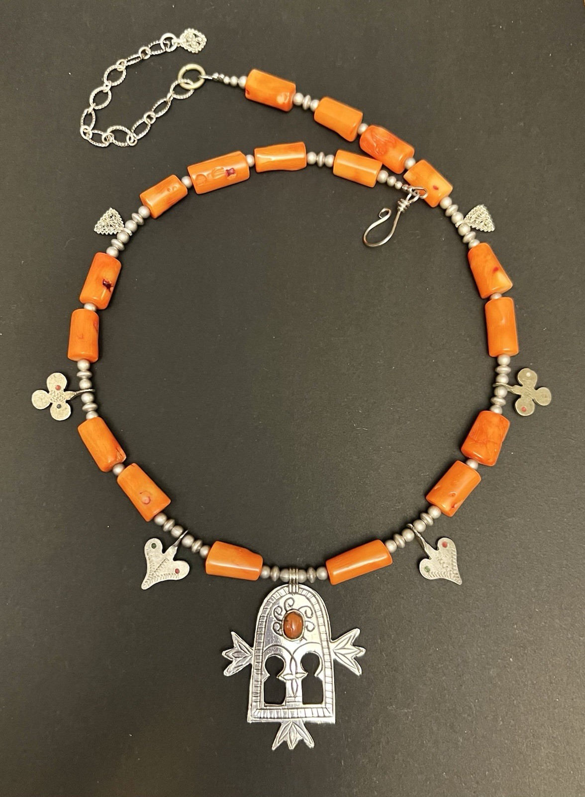 Gates of paradise berber Tuareg pendant & vintage Charms Orange Coral Necklace.
