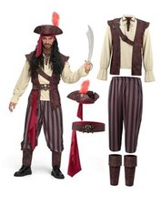 Mens Caribbean Pirate Costume Adult Sea Captain Robber Costume for Large Beige