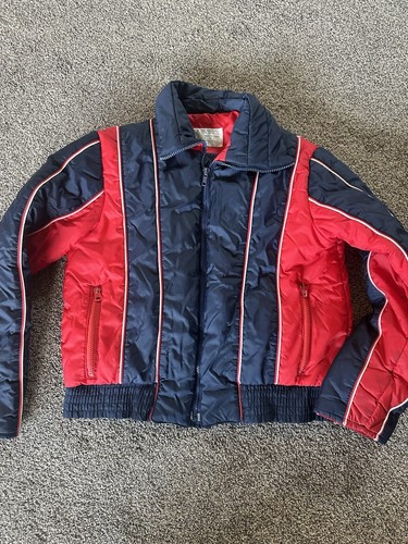Sears Ski Jacket Womens Small Coat Red Blue Vintage 60s 70s Striped Puffer Mod