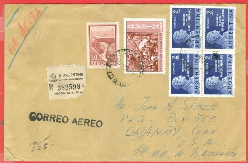 Argentina 4 X 2 Peso BELGRANO ++ used on Registered cover USA 1961