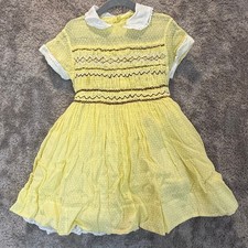 Vintage Smocked Dress Yellow Tie Waist Swiss Dot Peter Pan Collar Girls 5 5T