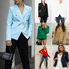 Women’s Double Breasted Gold Button Padded Shoulder Blazer Outwear Jacket