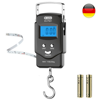 Dr.meter Digitalwaage Kofferwaage mit Haken 50 kg LCD Maßband 2 AAA