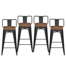 24" Low Back Metal Counter Stool Height Bar Stools with Wooden Seat [Set of 4...