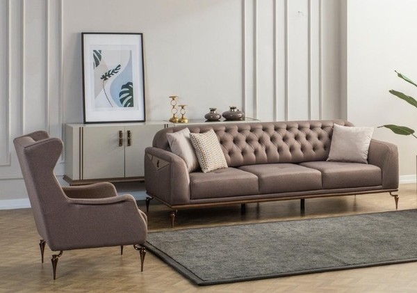 Beige Chesterfield Wohnzimmer Sofagarnitur 3+1 Sitzer Luxus Couch Neu-image