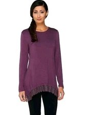 LOGO by Lori Goldstein Womens XS Purple Tunic Top Crotchet Lace Hem