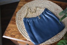Vintage Ande 1960's Handbag Navy Blue Leather Gold Tone Chain Snap Clasp 10"x7"