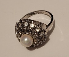 Sterling Silver Faux Pearl CZ Ring Size 6.5