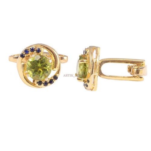 Natural Peridot & Heated Sapphire With 18k Gold Plated Silver Cufflink #2451 - Picture 2 of 4