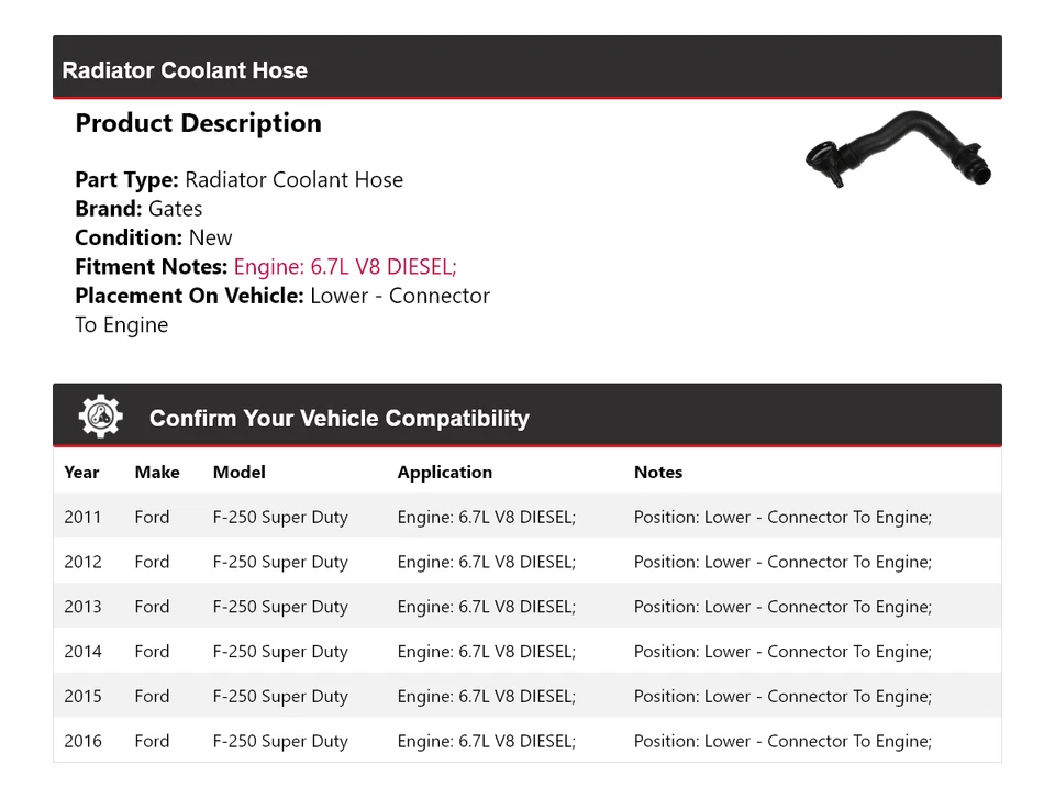 Puertas de manguera de refrigerante de radiador para Ford F-250 Super Duty 2011-2016 2012 2013 2014 Foto 2 de 3