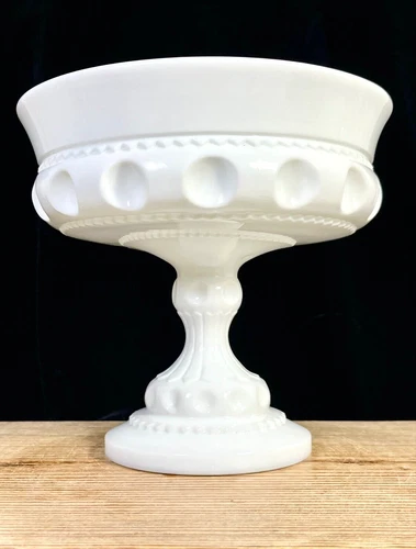 Vintage White Milk Glass Kings Crown Thumbprint Pattern Compote Large 7”