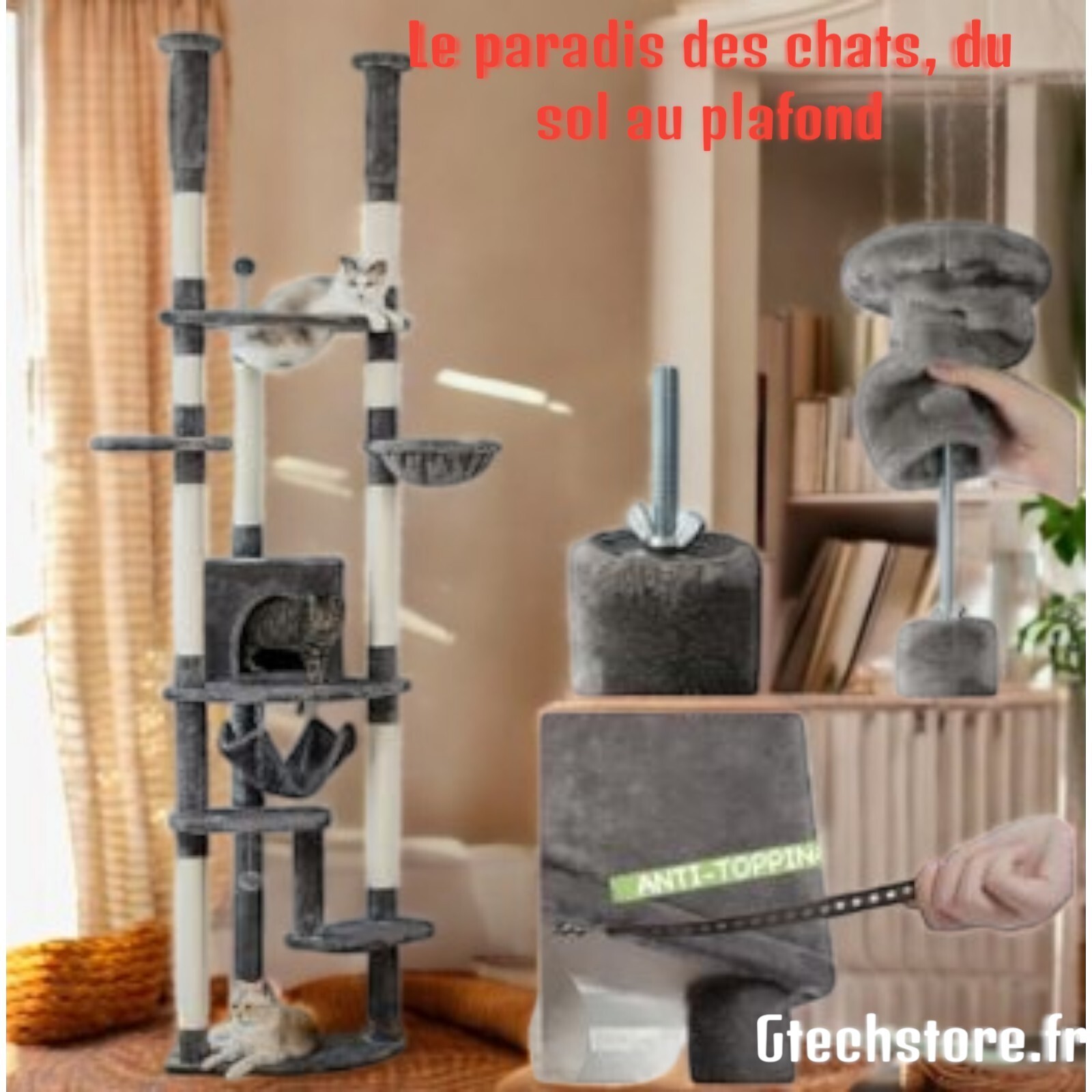Arbre à chat réglable du sol au plafond hauteur 230-260cm avec grande maison de jeu en peluche