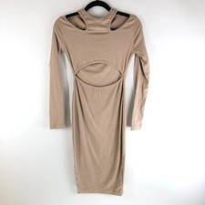 Pretty Little Thing Knit Bodycon Dress Cutouts Ribbed Long Sleeve Beige Size 4