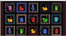Loralie Cool Cats Fabric 24"X44" PANEL Cat Animal Black Cotton Loralie Designs
