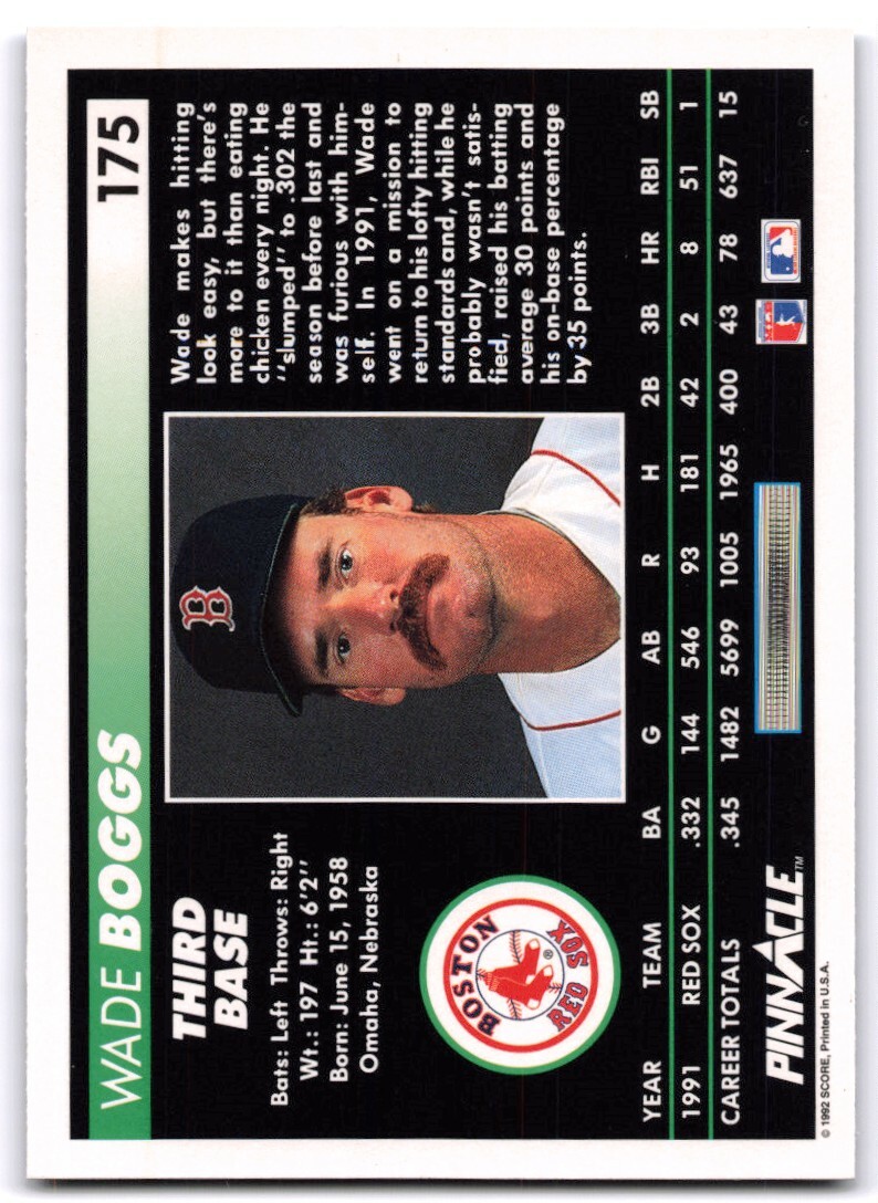 1992 Pinnacle Wade Boggs Boston Red Sox #175 | eBay