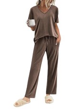 Women's Brown Ribbed Pajama Set Short Sleeve Top Long Pants with Pockets Si...