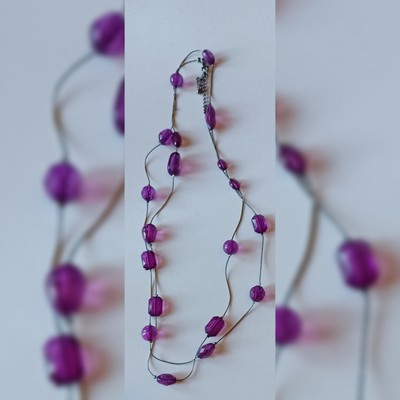 Gunmetal Cobra Chain Rope Length Necklace With Plum Color Acrylic Faceted Beads