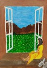 ACEO Original Acrylic Painting GIRL SITTING ON THE WINDOW Miniature Art Card New