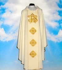 Off White Chasuble and Stole, Embroidered IHS Design Priest's Chasuble Vestment