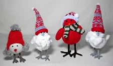 CHRISTMAS BIRDS WITH KNIT HATS & SCARVES 5" TO 8.5" LOT OF 4 ORNAMENTS
