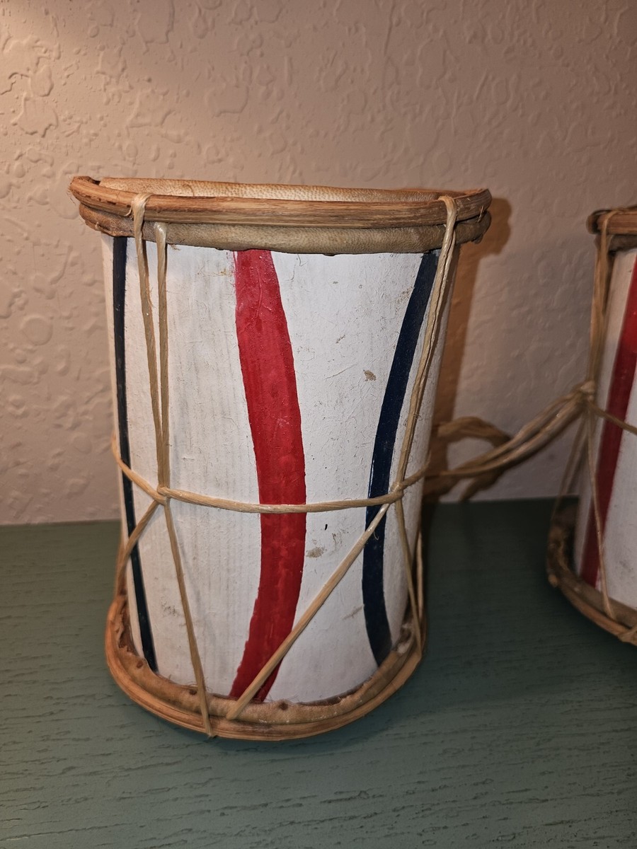 Vintage Pair Of HandMade Tribal Drums-Red, White, Blue