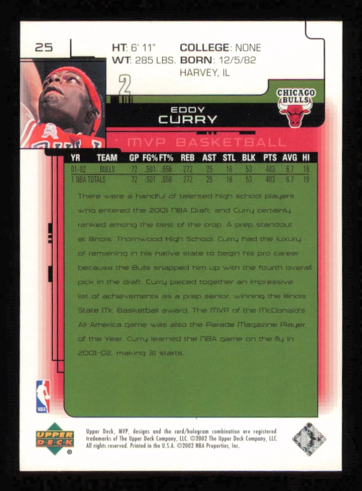 2002-03 Upper Deck MVP Classic #25 Eddy Curry Basketball BULLS NM - Image 2 of 3