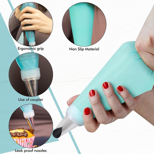 Silicone Piping Bags, 8 pcs Stainless Steel Nozzles Set with Pack of 11 - Picture 3 of 7