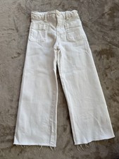 Zara Girls 4-5 Marine Jeans White Adjust Waistband High Rise Wide Leg Raw Hem
