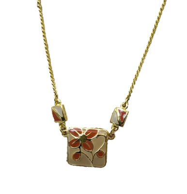 Vintage Necklace Hand Enameled Orange Flower Mod Geo 70s Snake Chain Thailand