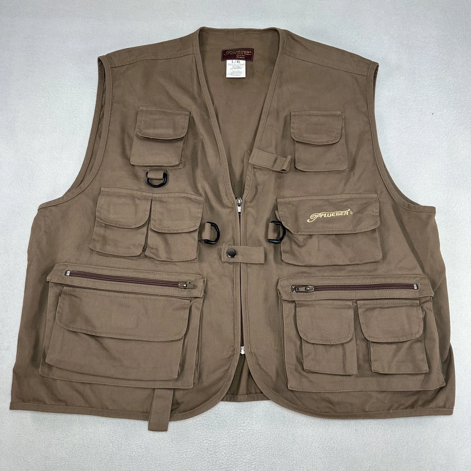 Pflueger Fishing Vest Mens XL Brown Cotton Deluxe Multi Pocket Outdoor Utility