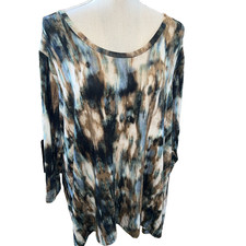 KAREN KANE 1X TUNIC BROWNS/BLUES SCOOP NECK 3/4 SLVS