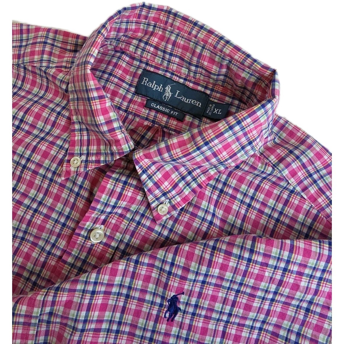 VINTAGE Polo Ralph Lauren Mens Cotton Classic Fit Button Down Pink Blue Plaid XL