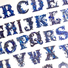 Blue Purple Baroque Alphabet Letter Stickers  Floral Junk Journal Scrapbook