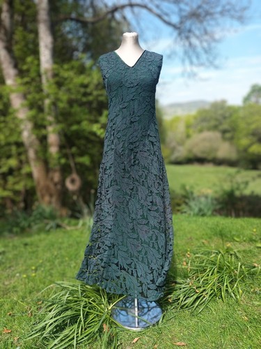 Ladies Vintage Bottle Green Lace Bias Cut Art Deco Style Dress + Jacket Sz 12 14