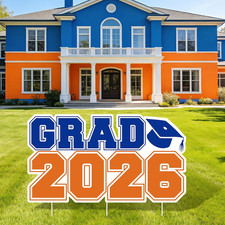 Grad 2026 Graduation Yard Sign with Stakes Large Blue Orange Corrugated Plastic