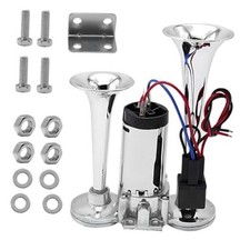 12V 130dB Dual Trumpet Air Horn Kit with Compressor - Loud Dual Electric Sliver