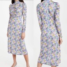 TANYA TAYLOR Zoe Dress Multicolor Ruched Slinky Silk Jersey in Blue Haze Print M