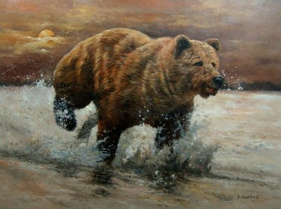 acrylic painting on canvas of a running grizzly bear on a river bank