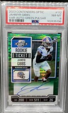 2023 Optic Contenders Rookie Auto JAHMYR GIBBS Rookie Green Pulsar /25 PSA 8