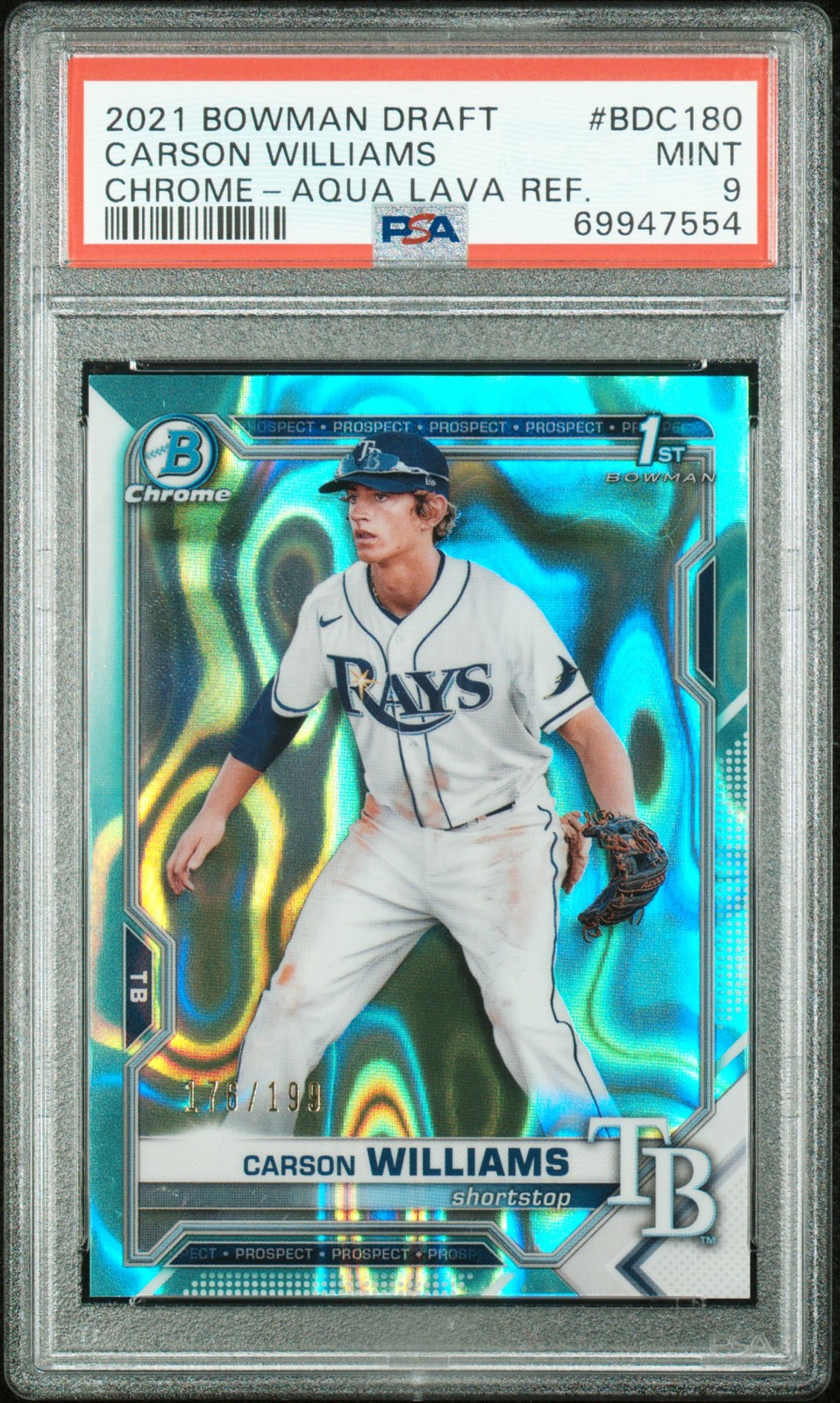 2021 Bowman Draft #BDC-180 Carson Williams Chrome Aqua Lava Ref PSA 9 #/199