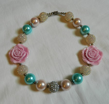 Girls Chunky Bubble Gum Necklace Pink Flowers