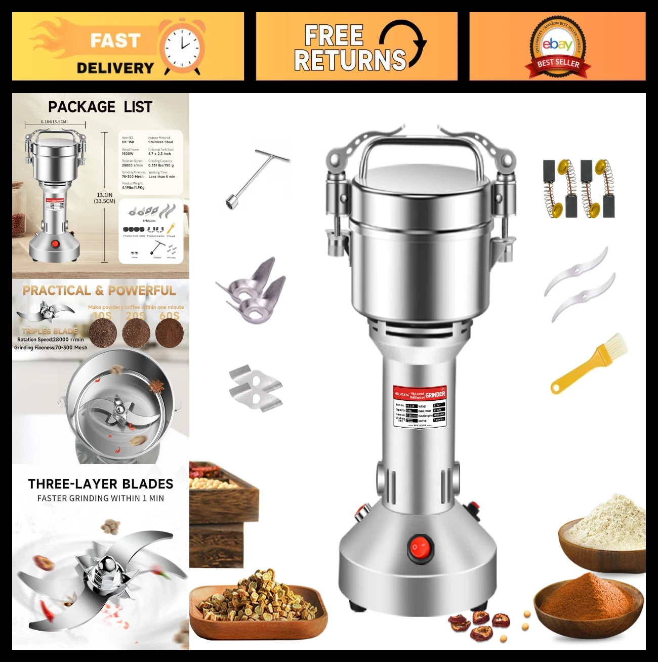 High-Speed 1500W Electric Grain Grinder - 150g Stainless Steel Spice Mill for Co