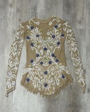 Tan and gold beaded and swarovski crystals, gymnastics leotard with long sleeves