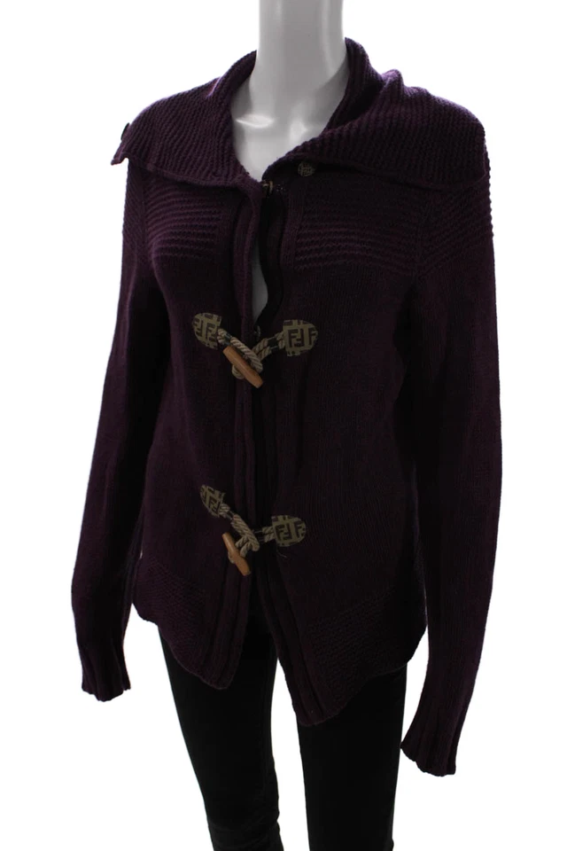 Fendi Unisex Purple Collared Button Cardigan Virgin Wool Cashmere Size 12 - Image 2 of 4