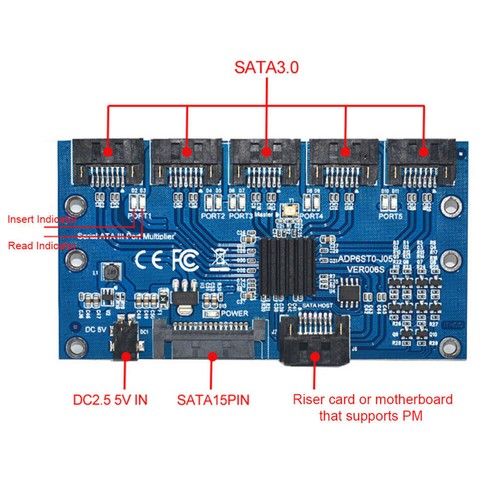 1 To 5 Ports SATA Expansion Card SATA3.0 7PIN Motherboard 6Gbps Riser Card Hub f - Afbeelding 5 van 9