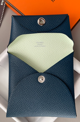 NEW Hermes Bastia Leather Epsom bleu de prusse Vert Fizz wallet
