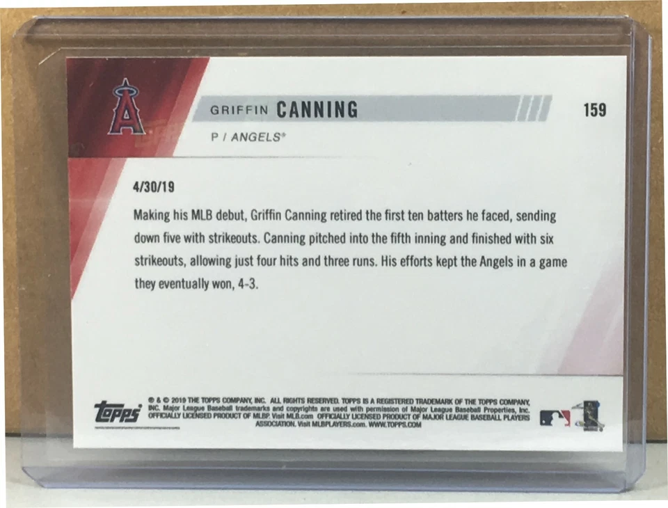 2019 TOPPS NOW #159 GRIFFIN CANNING LOS ANGELES ANGELS RC DEBUT PRINT RUN 558 - Image 2 of 2