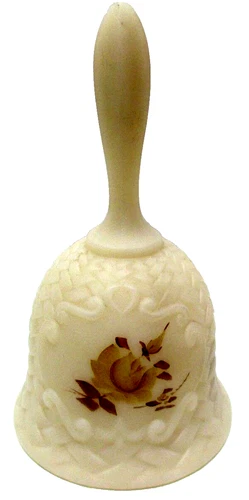 Fenton Art Glass Bell Chocolate Roses on Cameo Satin 6" T Basket Weave # 9462