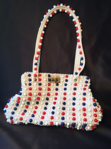 Vintage Beaded Purse Red White and Blue Retro Patr